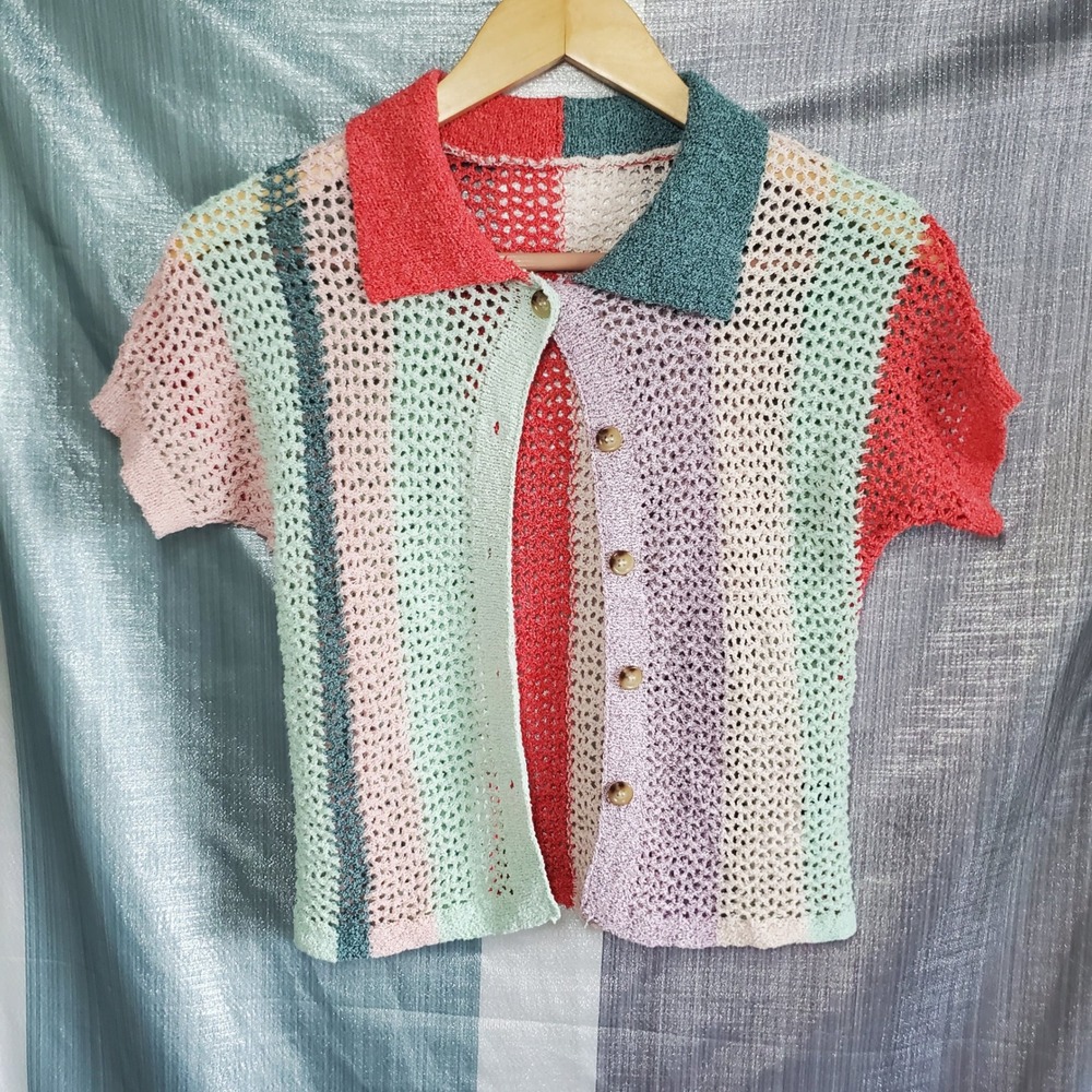 Multicolor Striped Crochet Knit Short Sleeve Polo Cardigan Top XS indie 90s crop